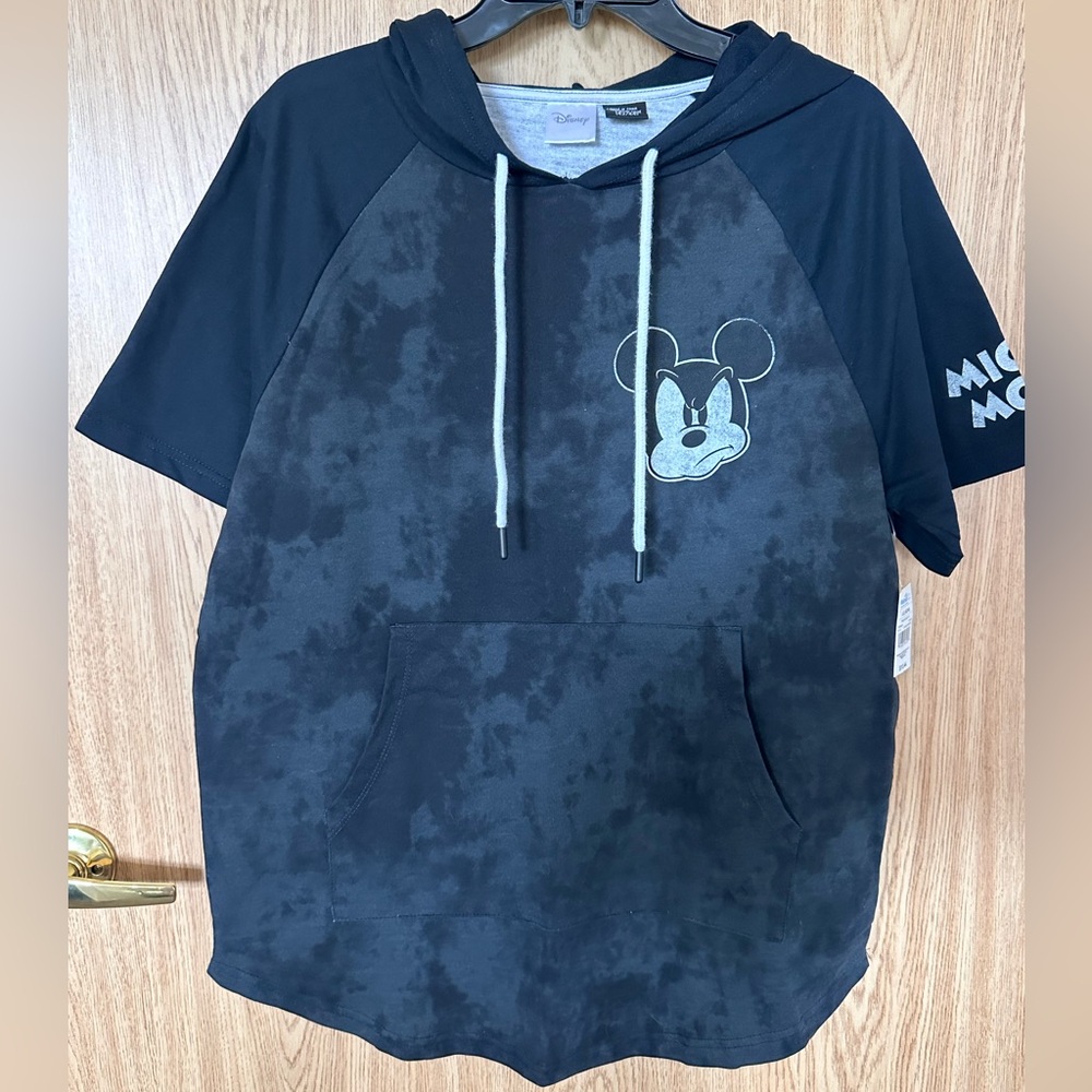 New Disney Mickey Mouse Logo Charcoal Gray/Black Cotton Hooded T-Shirt Men’s L